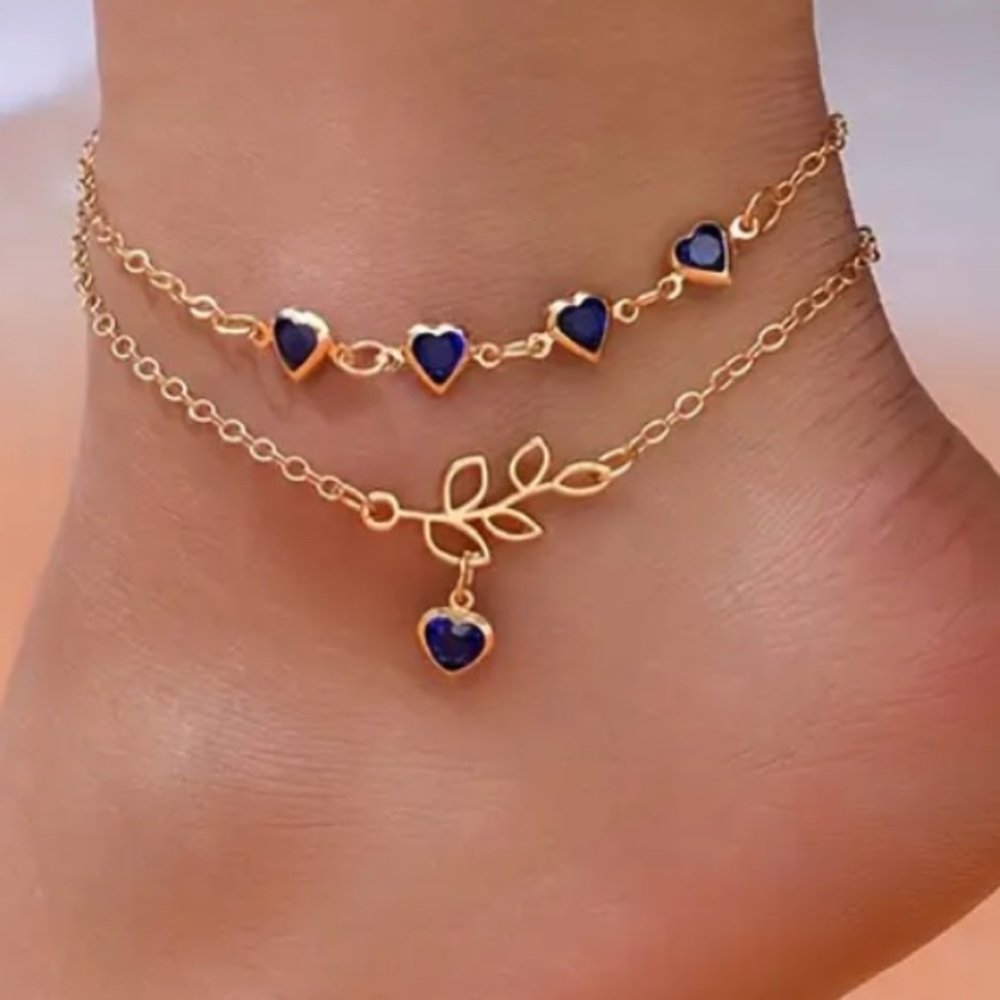 Blue Heart and Leaf Gold Toned Anklet - Picture 3 of 3
